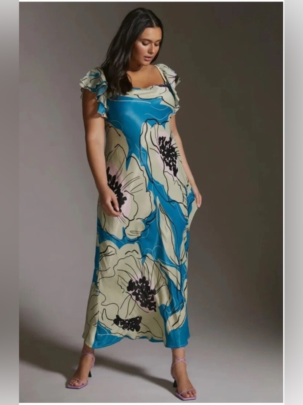 Conditions Apply Anthropologie Elva Ruffled Floral Maxi Dress Blue Cream